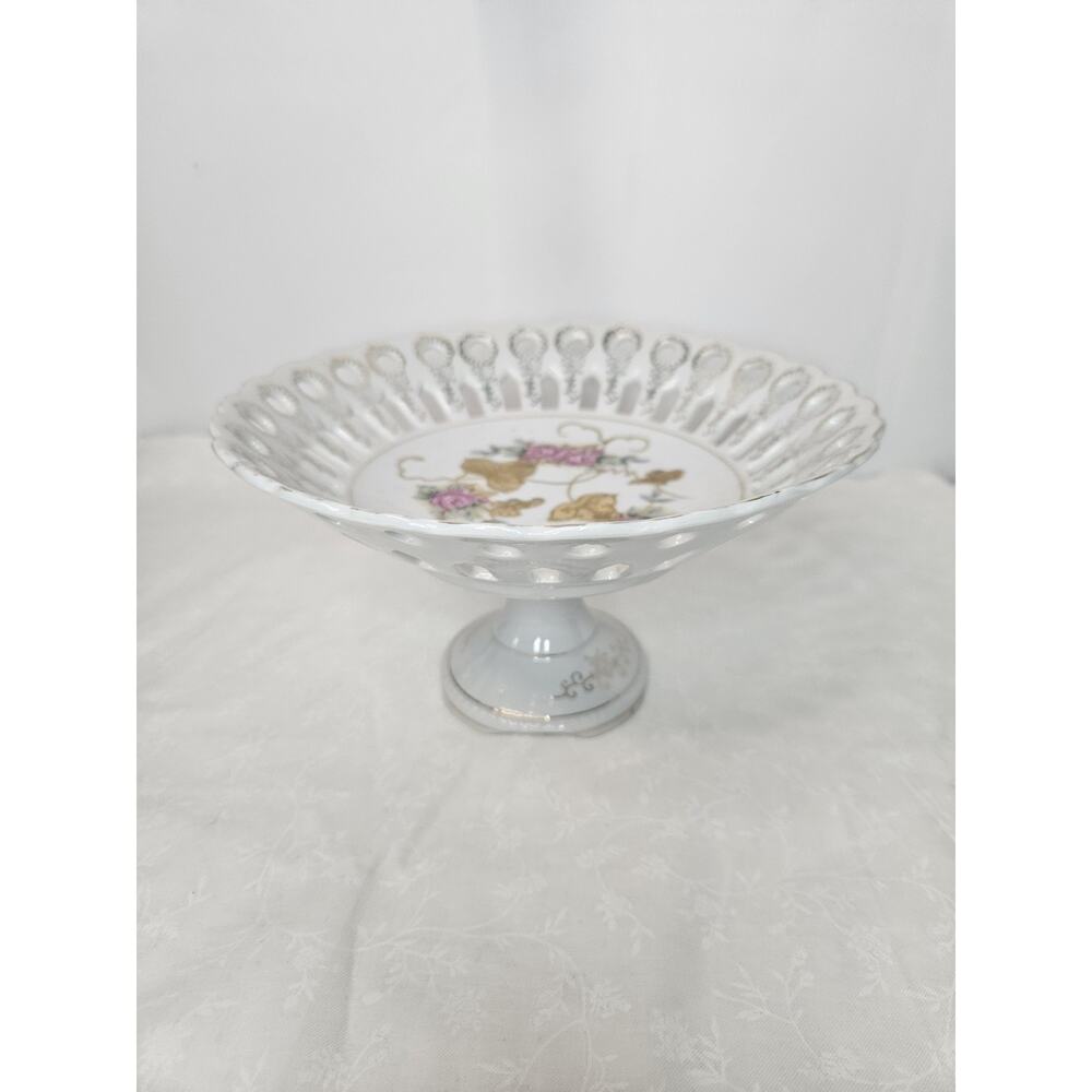 Vintage Pierced Reticulated Porcelain Pedestal Compote Bowl Gold Flowers Japan